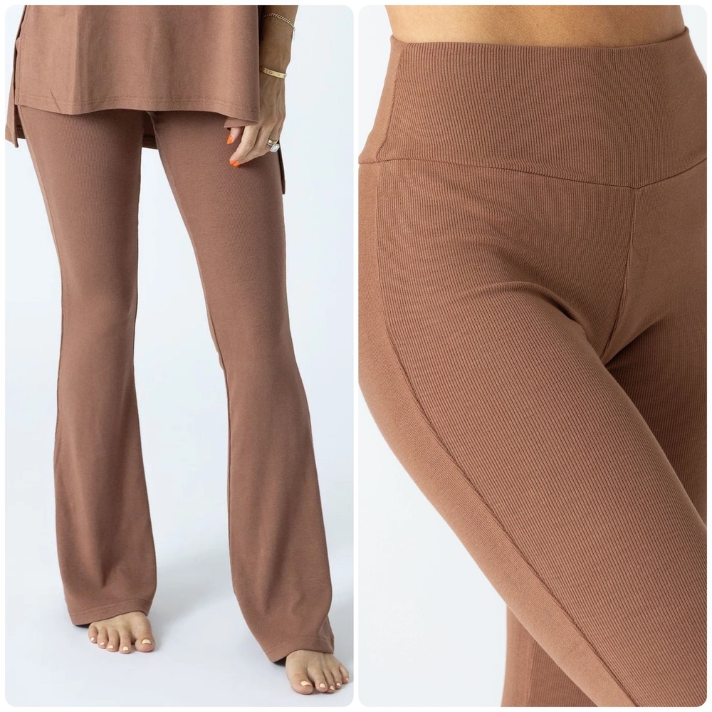 The Foxy Kind Womens Ribbed All Weekend Long Flare Lounge Pants Size‎ XXL Camel